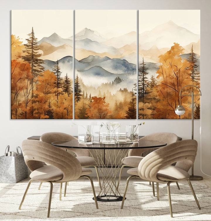 Watercolor Fall Autumn Trees Mountain Abstract Wall Art Canvas Print