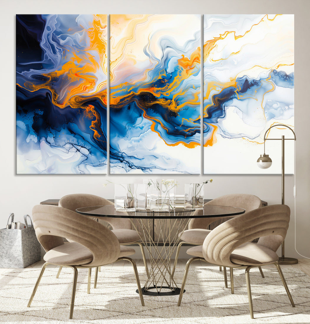Arte de pared de tinta de alcohol fluido con oro - Impresión contemporánea abstracta orgánica moderna azul - Arte de pared corporativo ingenioso sobre lienzo