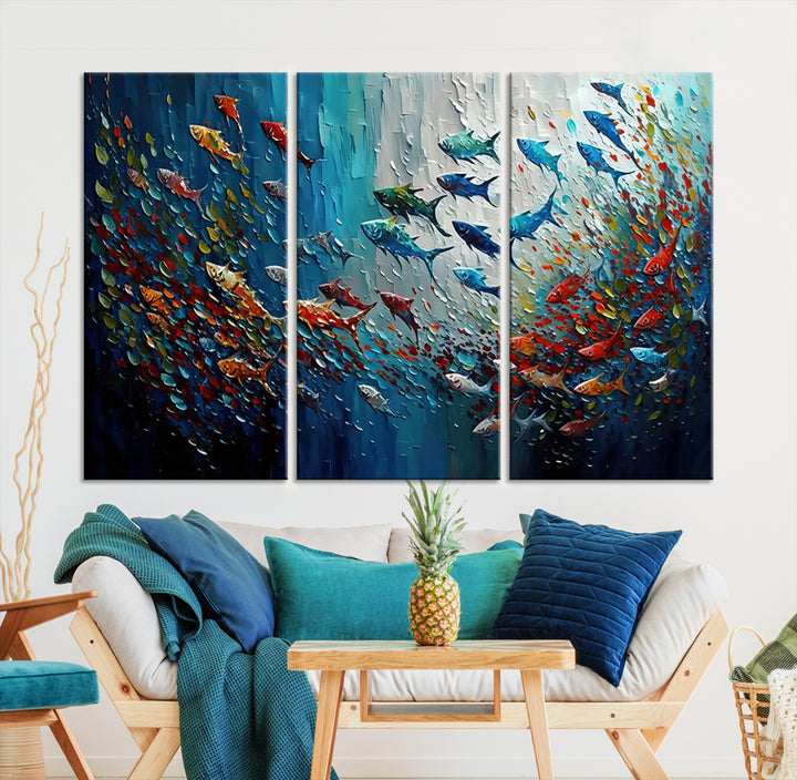 Abstract Fish Shoal Wall Art Canvas Print, Colorful Fish Herd Painting on Canvas Print, Ocean Animal Artwork, Ready to Hang