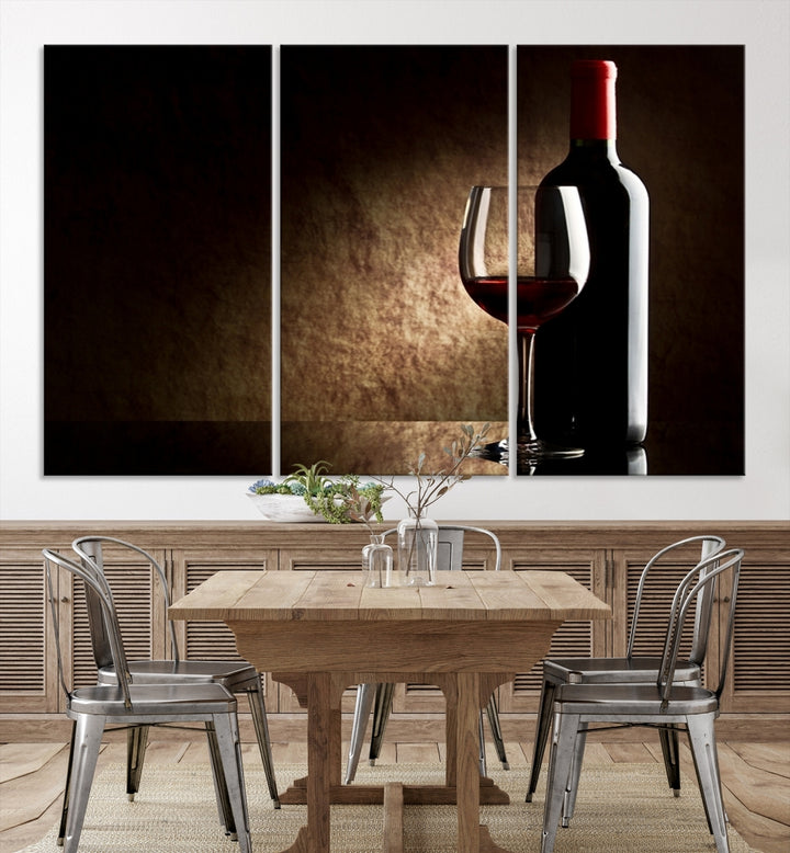 Arte de pared grande, vid roja en vidrio con impresión en lienzo de botella, decoración de restaurante, cafetería y cocina