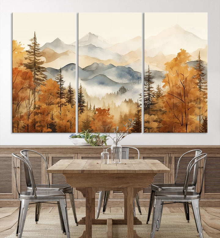 Aquarelle Automne Arbres d'automne Montagne Art mural abstrait Impression sur toile