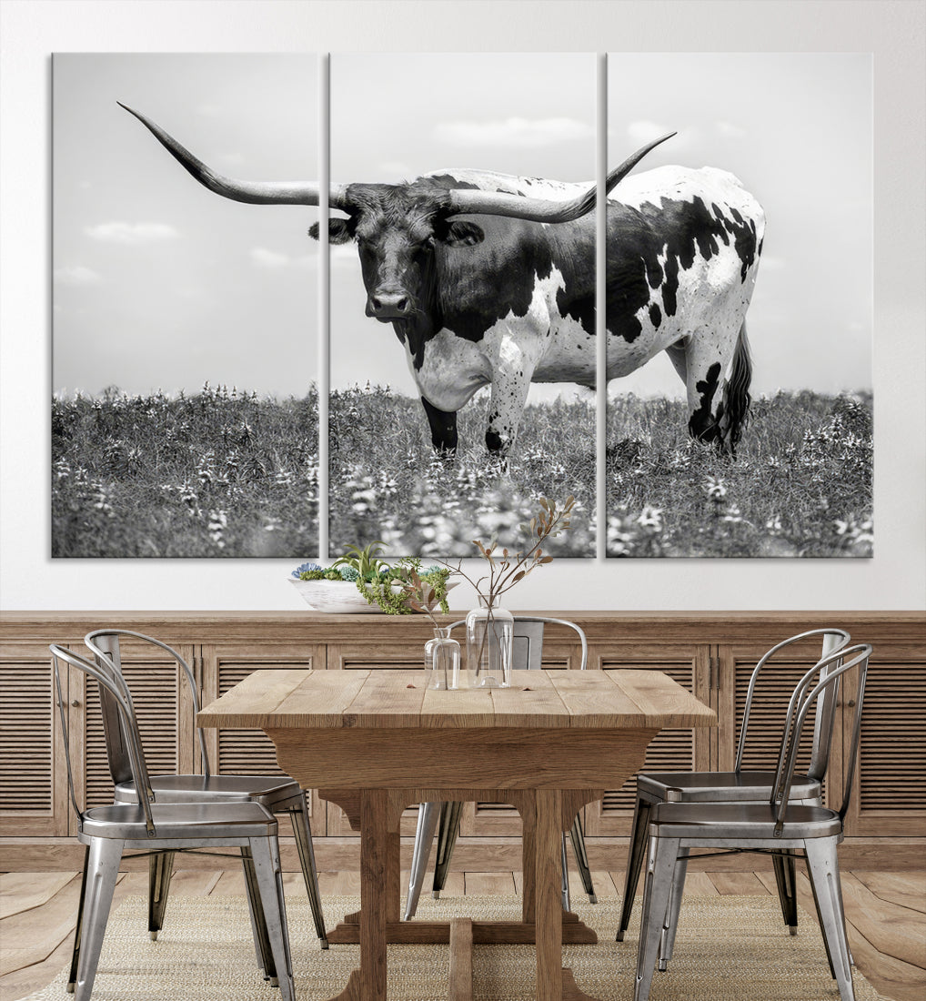Texas Black White Highland Longhorn Cow Wall Art Canvas Print
