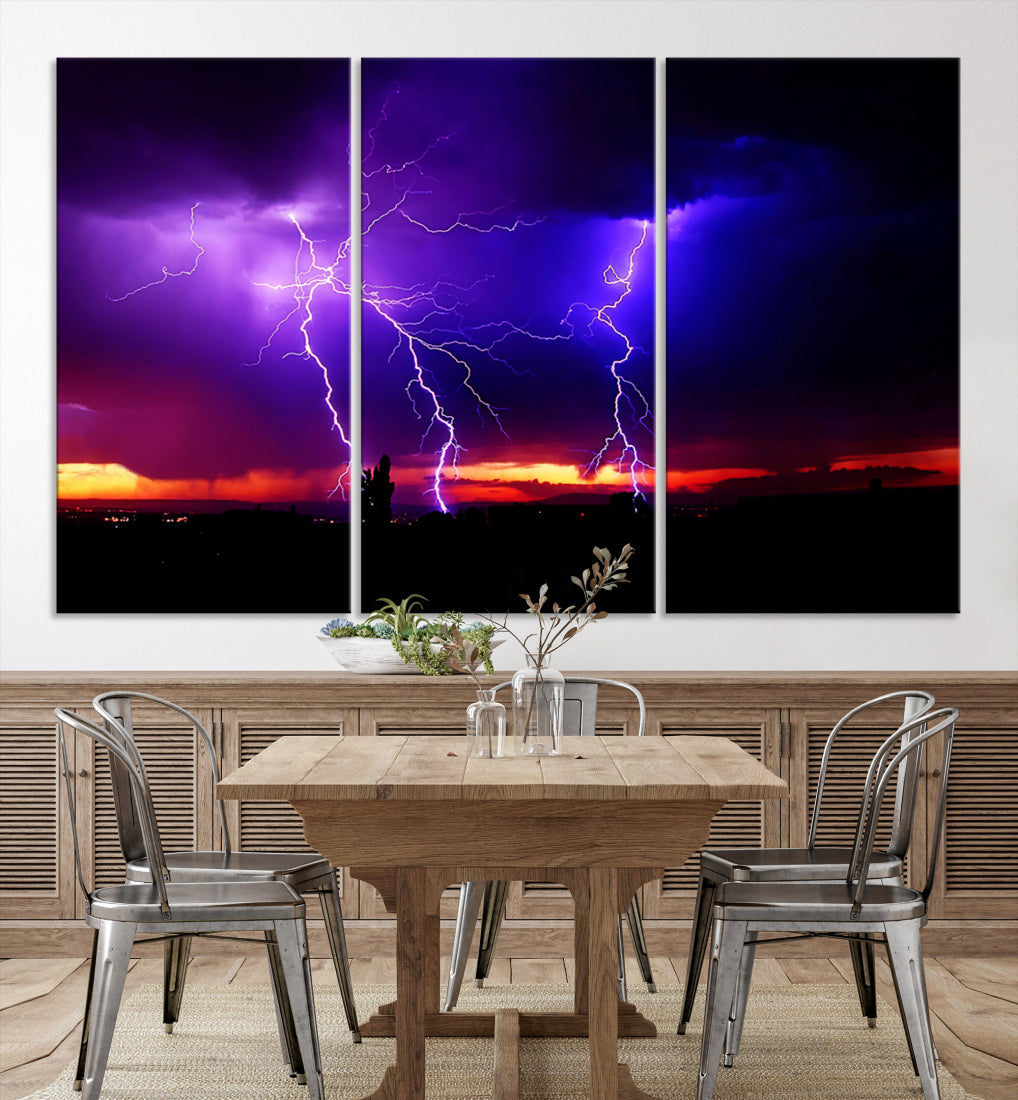 Night Lightning Storm Wall Art Canvas Print, Framed, Ready to Hang, Living Room Decor