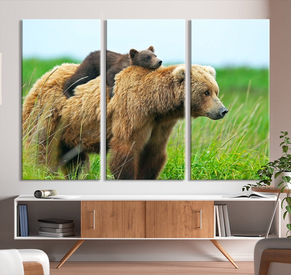 Bear and Cub Canvas Print Black and White Animal Wall Art Cabin Wall