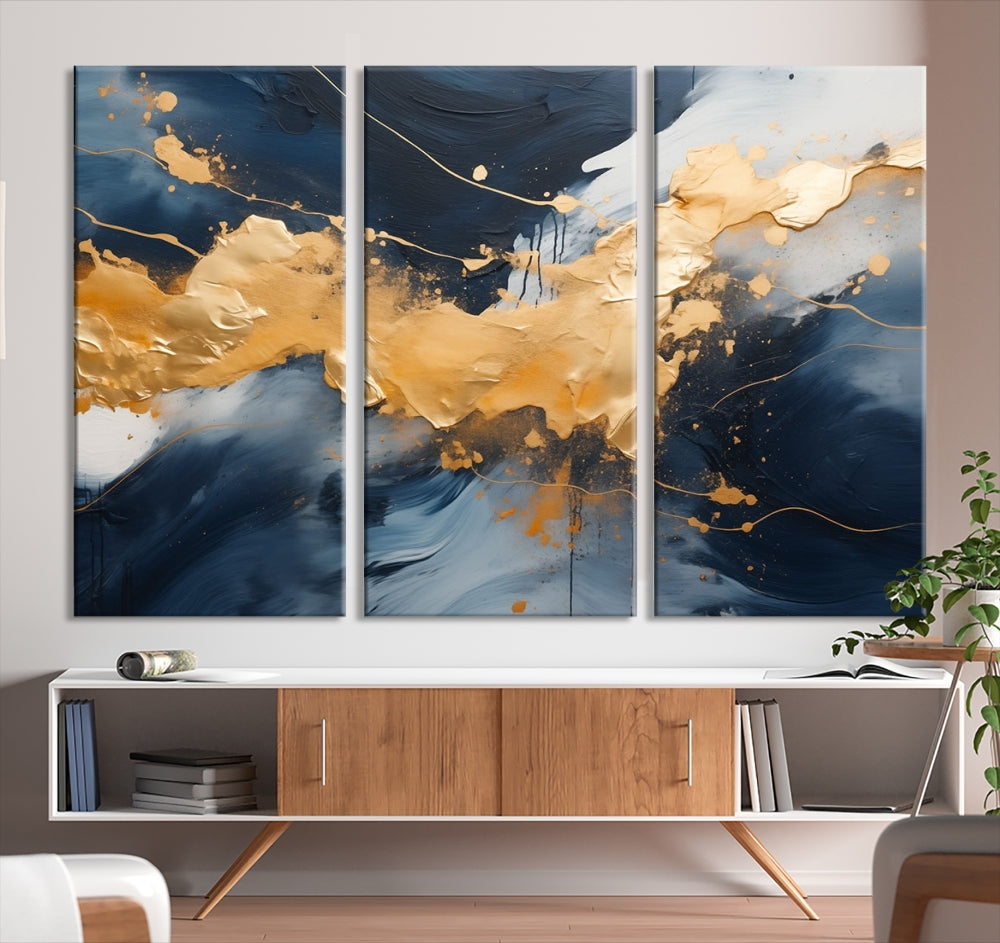Impression sur toile d'art mural multi-panneaux abstrait bleu marine et or