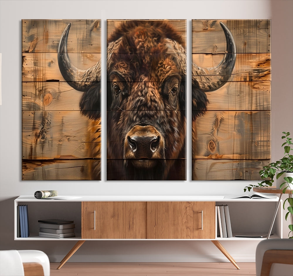 Bison on Wood Background Canvas Wall Art American Buffalo Print