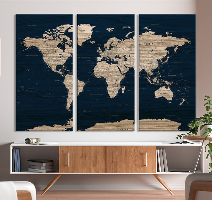 Dark Blue Wall Art Canvas Print Wood Background Detailed Map Artwork