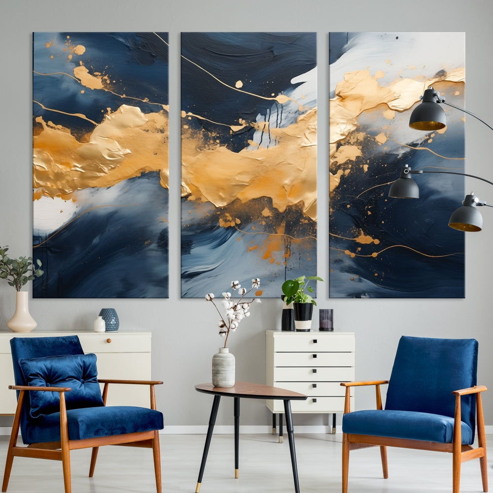 Art mural abstrait or bleu Impression sur toile