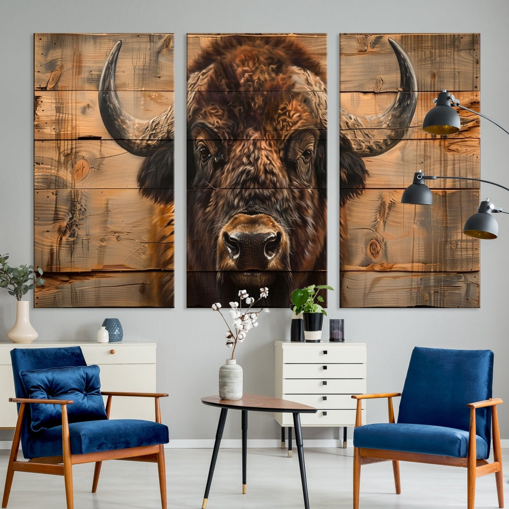 Bisonte lienzo pared arte búfalo americano impresión Bison Pintura original Decoración rústica Arte de la pared de la granja Bison Wood fondo Large Wall Art