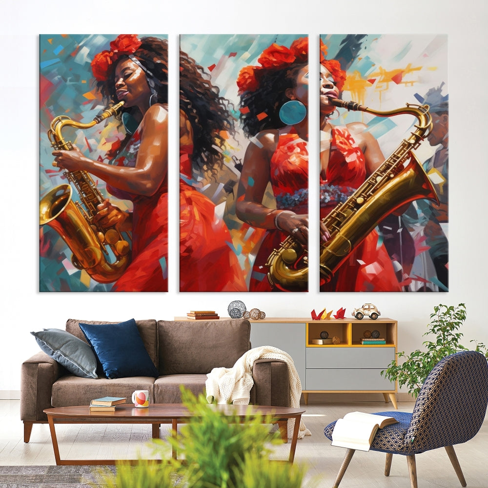 Art mural abstrait pour femmes, saxophoniste afro-américaine, musicienne