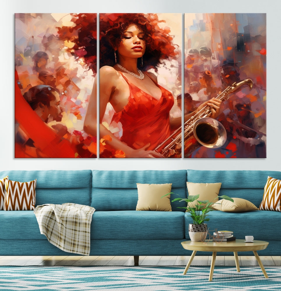 Arte de pared abstracto afroamericano saxofonista músico mujeres para sala de estar, pintura de jazz, obras de arte para paredes, lienzo grande enmarcado, impresión artística musical