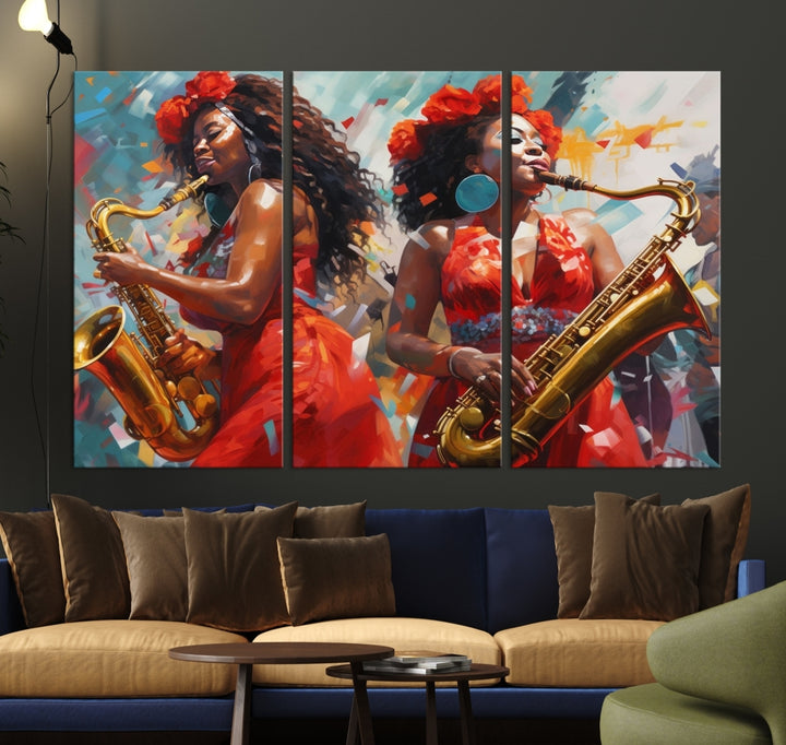 Arte abstracto de la pared de las mujeres del músico del saxofonista afroamericano para la sala de estar