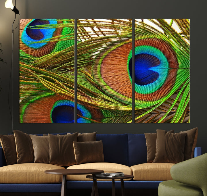 Art mural imprimé sur toile avec aile de paon à trois yeux
