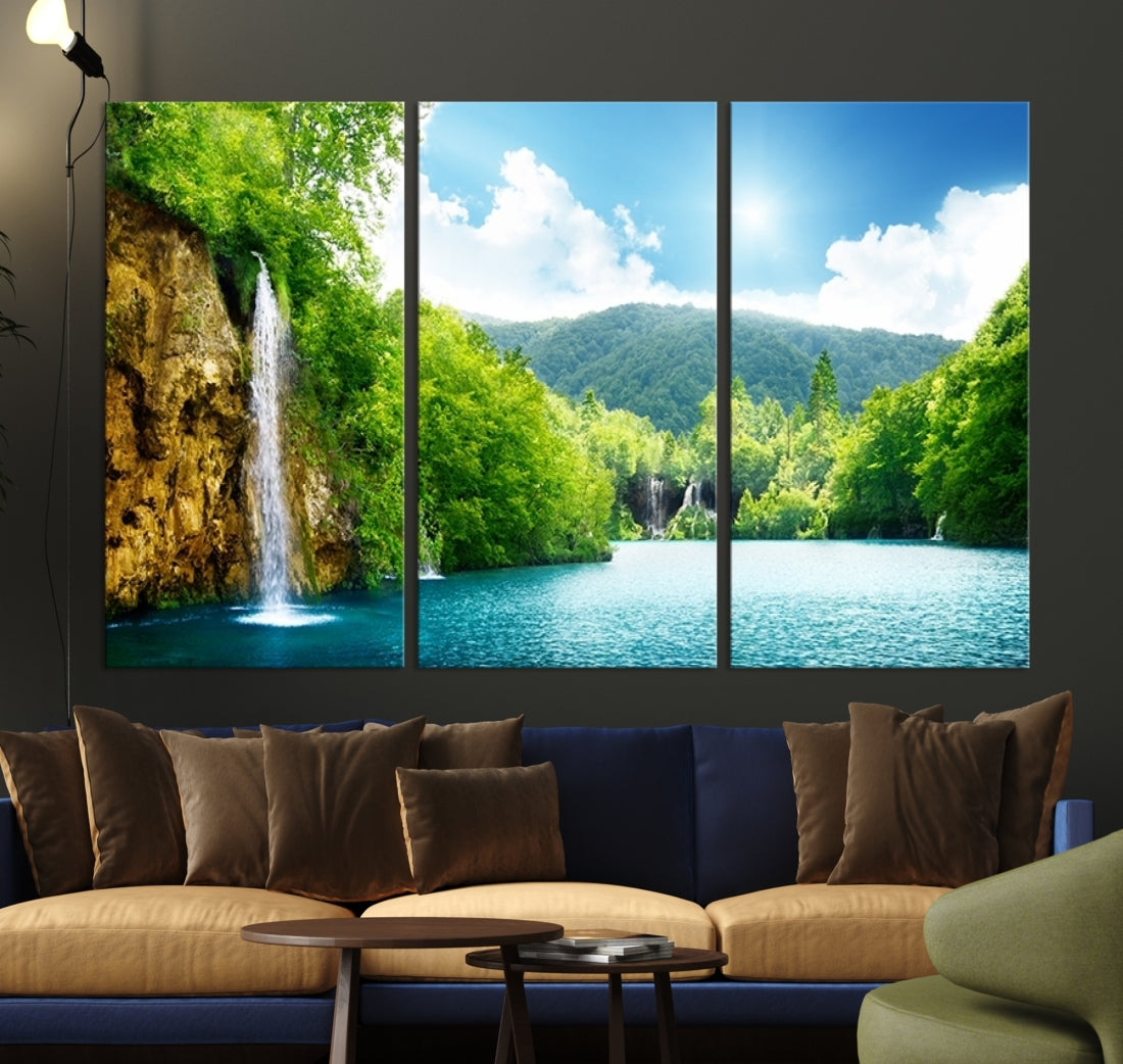Large Wall Art Waterfall Canvas Print - Big Waterfalls in Forest with Mountain View