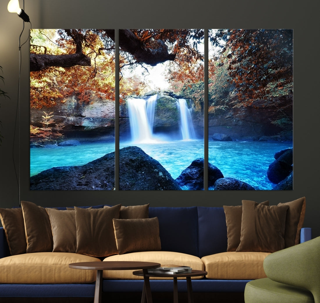 Large Wall Art Waterfall Canvas Print - Great Double Waterfalls with Bright Water in Forest