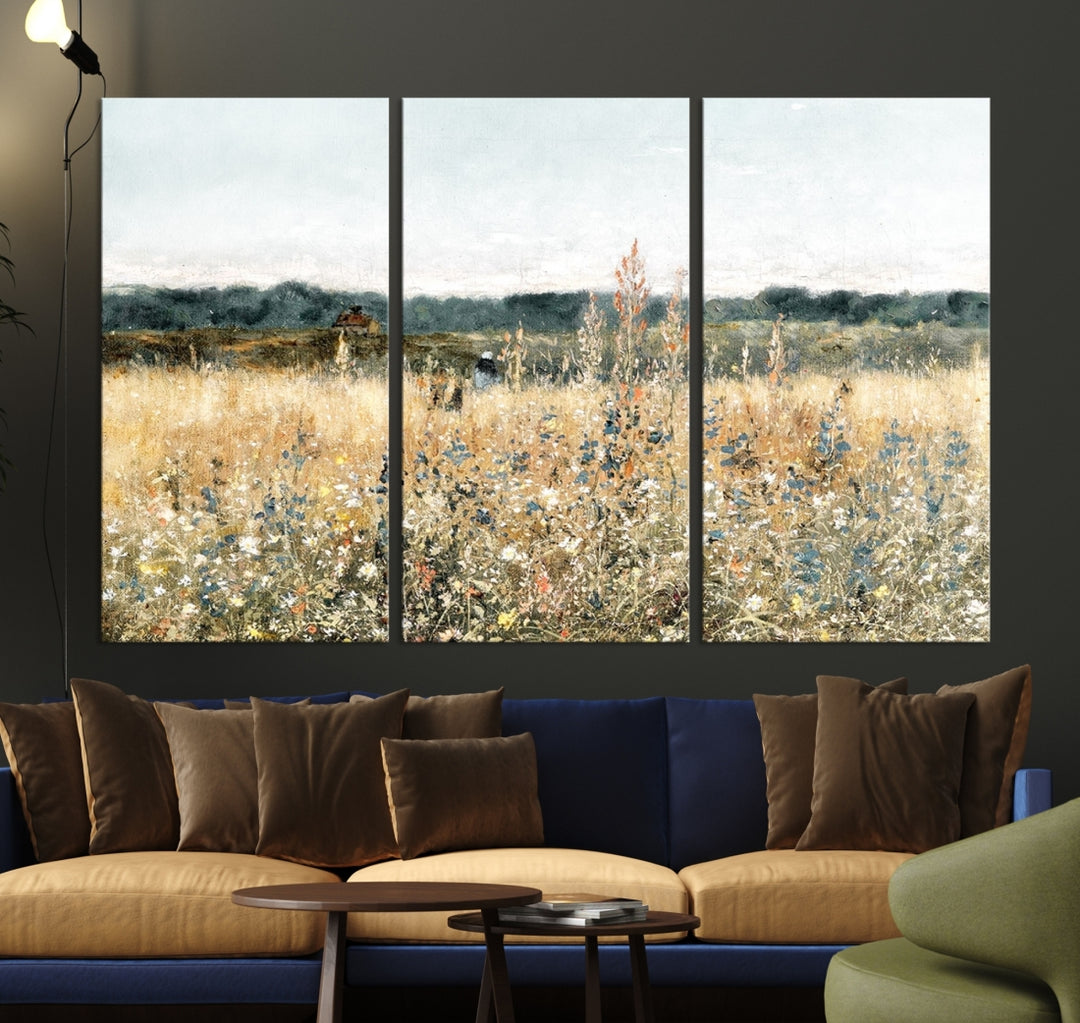 Impression vintage de champ de fleurs sauvages, art mural de pays neutre, impression de paysage de prairie