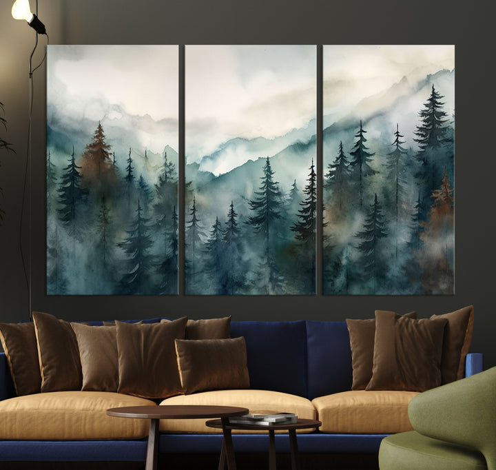 Impresión abstracta de la lona del arte de la pared de la montaña del bosque de pinos de la acuarela para la decoración casera moderna
