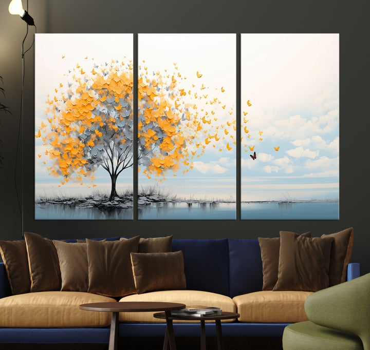 Impression sur toile d’art mural papillon et arbre abstrait, impression de peinture abstraite bleu orange
