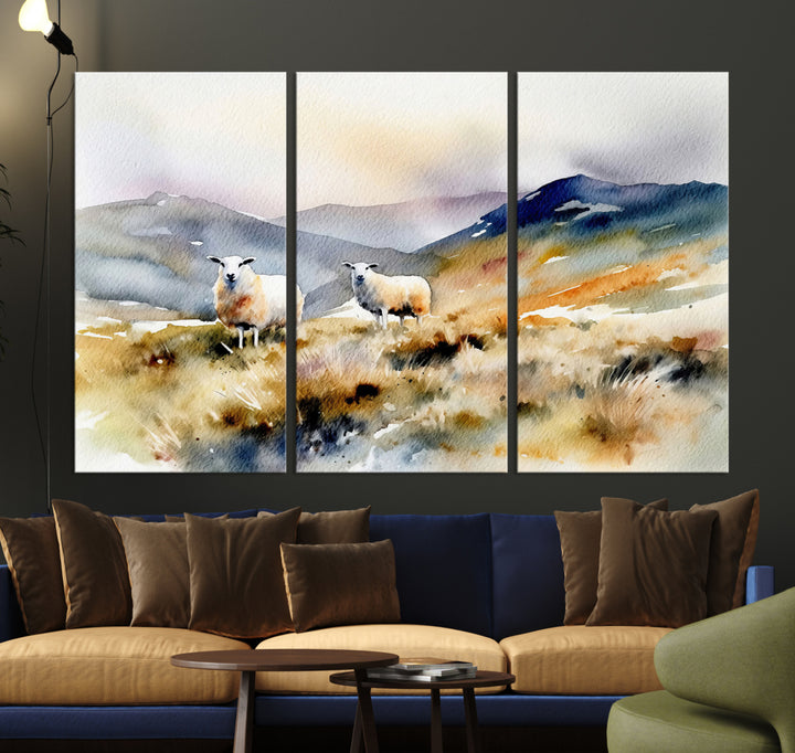 Watercolor Sheep for Farmhouse Decor Wall Art Canvas Print, Mountain Wall Art Print