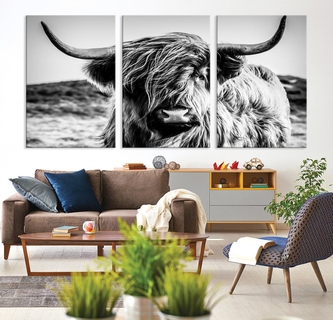 Vache écossaise Noir et Blanc Mur Toile Art Imprimer Ferme