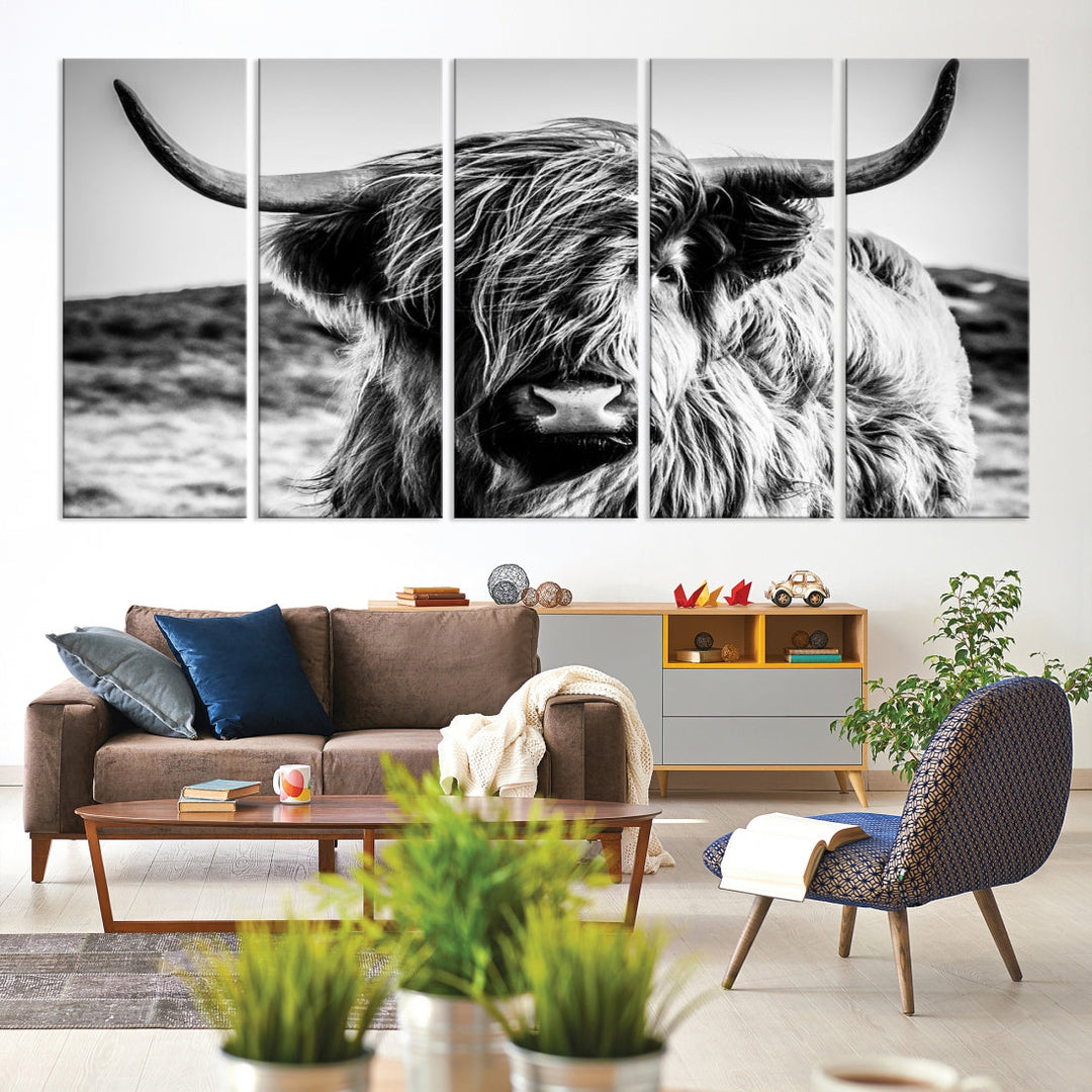 Scottish Cow Black and White Wall Canvas Art Print Farm House