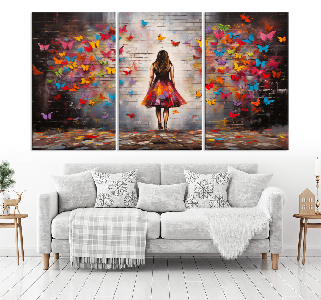 Impresión de la lona del arte de la pared de Graffiti - Impresión de la lona abstracta de Graffiti de la mariposa de la muchacha