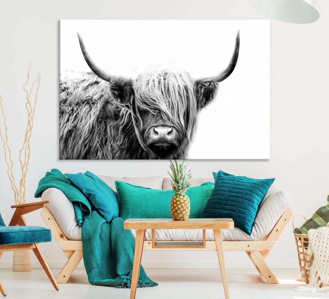 Black White Scottish Highland Cow Cattle Art Print Farmhouse Wall Art Canvas Print