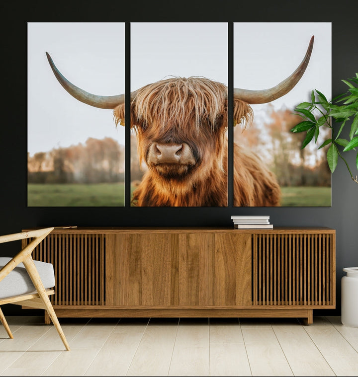 Lienzo de vaca de las Tierras Altas, arte de pared, decoración de granja, vaca, impresión en blanco y negro, decoración de pared rústica, pintura de animales, arte de pared de vaca escocesa