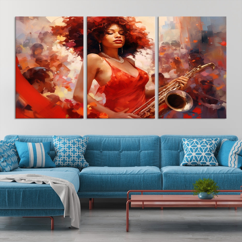 Arte de pared abstracto afroamericano saxofonista músico mujeres para sala de estar, pintura de jazz, obras de arte para paredes, lienzo grande enmarcado, impresión artística musical