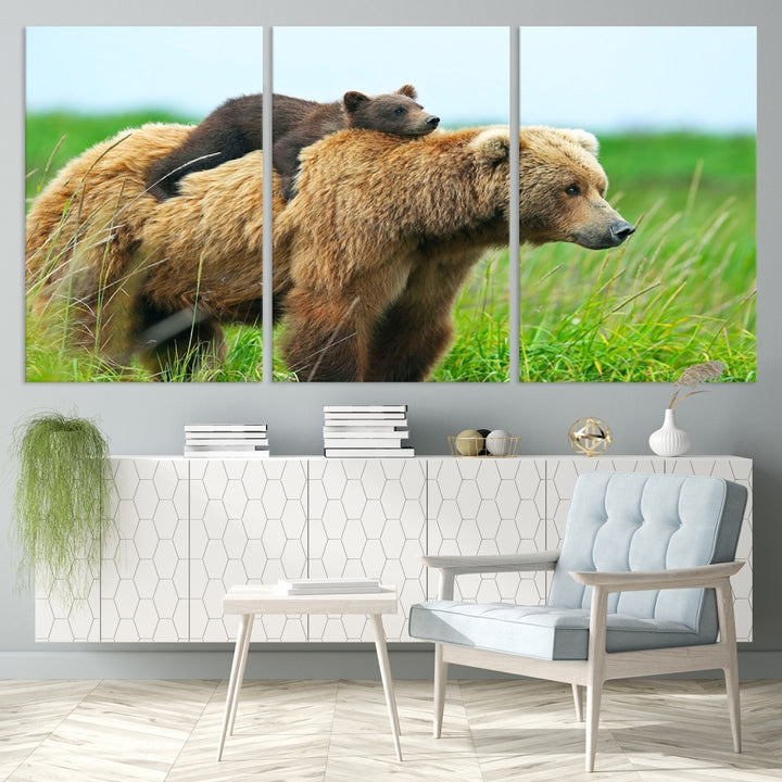 Impresión en lienzo de oso y cachorro, arte de pared de animales en blanco y negro, decoración de pared de cabina