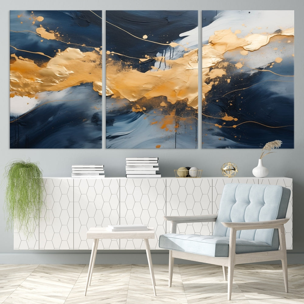 Impression sur toile d'art mural multi-panneaux abstrait bleu marine et or