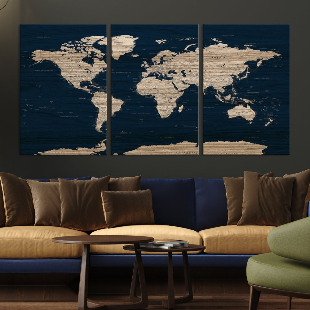 Arte de pared azul oscuro, impresión en lienzo, fondo de madera, obra de arte con mapa detallado