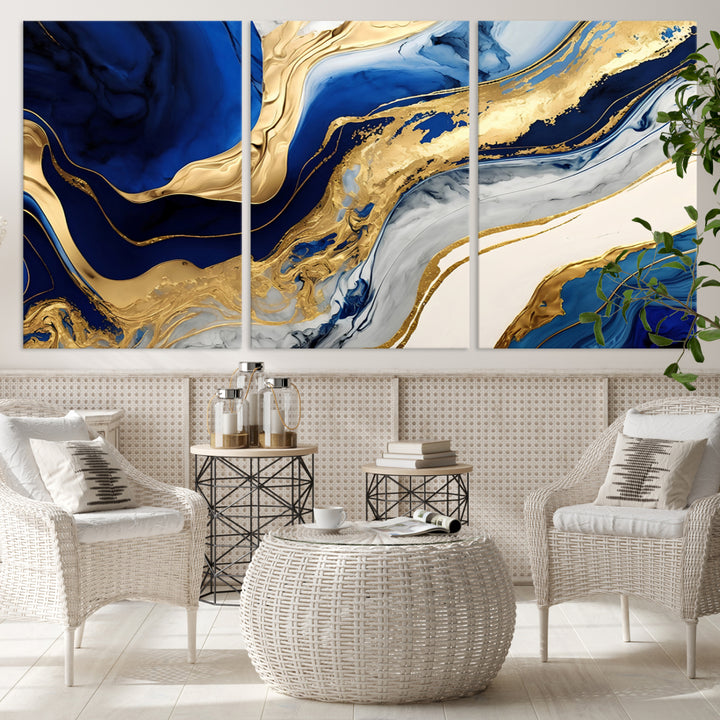 Navy Blue Gold Abstract Marble Wall Art Canvas Print