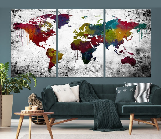 Arte de pared grande, colorido, acuarela, mapa del mundo Lienzo