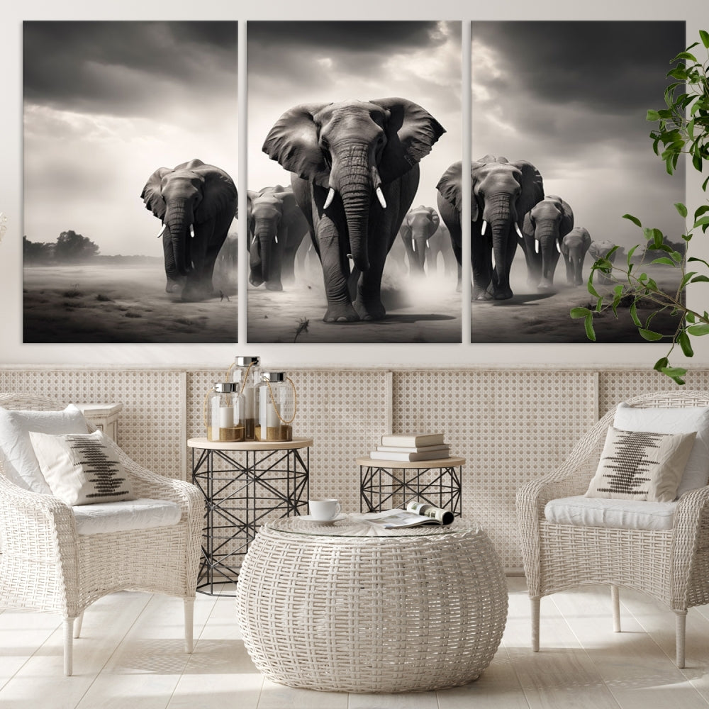 Black White Elephant Family Wall Art Canvas Print