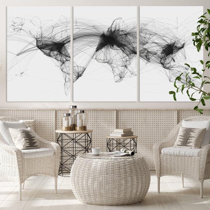 Rutas de vuelo Mapa mundial lienzo arte de la pared Mapa de aviación impresión Mapa de vuelo arte Tráfico aéreo Mapa abstracto blanco negro Arte de pared grande Regalos de aviación