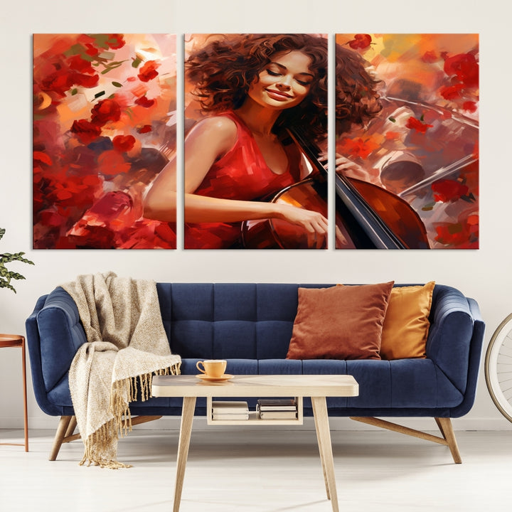 Femme musicienne afro-américaine abstraite jouant du violoncelle