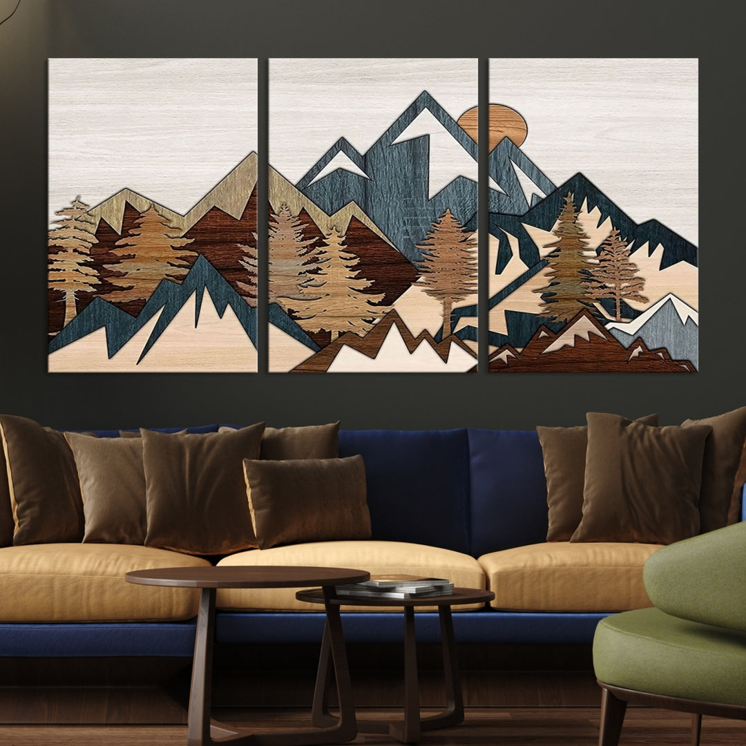 Efecto de panel de madera Cordillera Top Wall Art Print Arte moderno Decoración rústica para sala de estar, lienzo enmarcado Impresión abstracta de montaña sobre lienzo