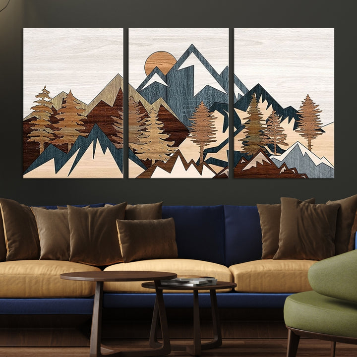 Toile effet panneau de bois abstrait rustique, impression sur toile avec chaîne de montagnes