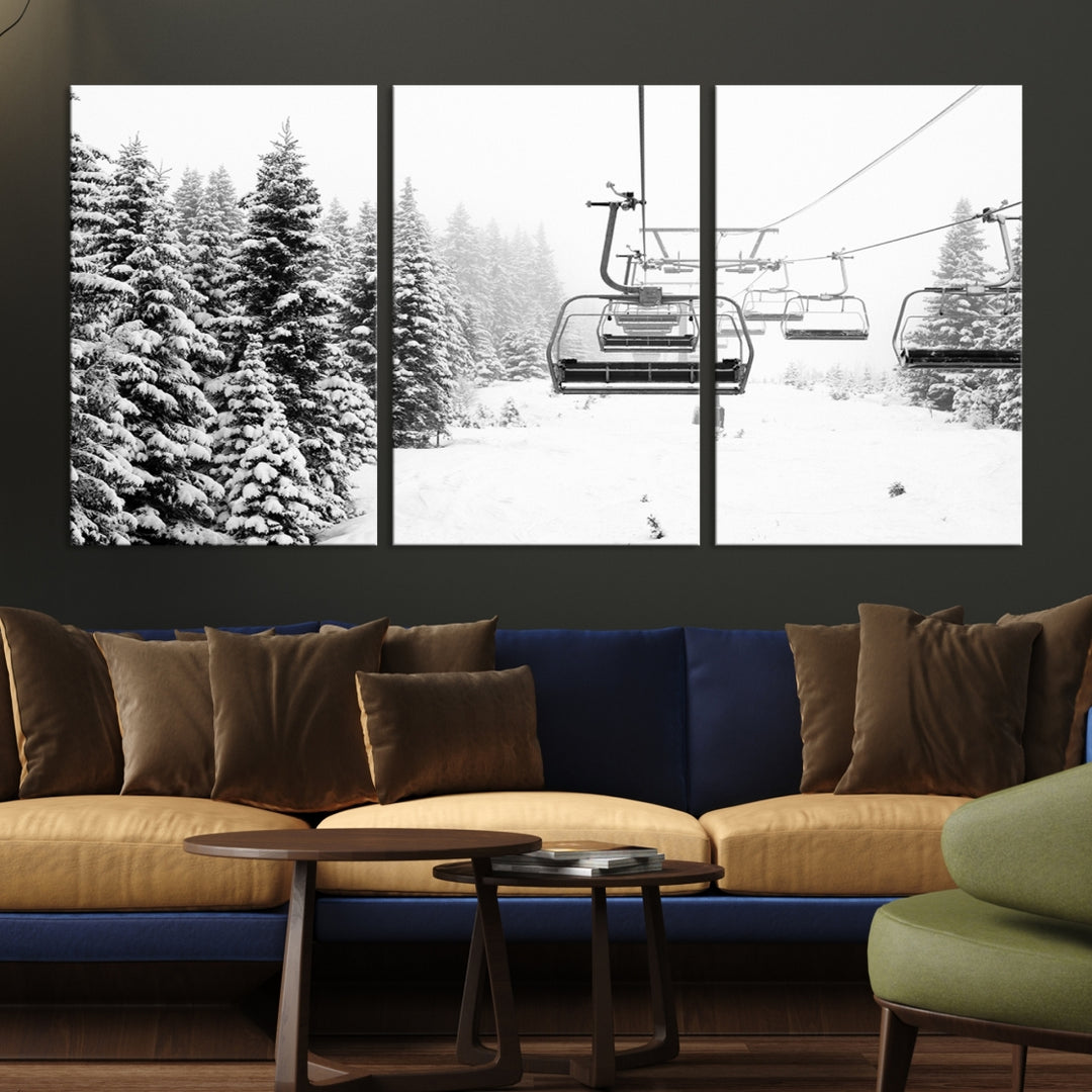 Remontée mécanique Impression sur toile Épinettes couvertes de neige Art mural d’hiver Skieur Cadeau Station de ski Toile Art mural