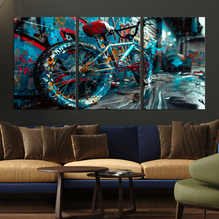 Impresión abstracta de la lona del arte de la pared de la bicicleta, impresión de la lona del arte de la pared del graffiti