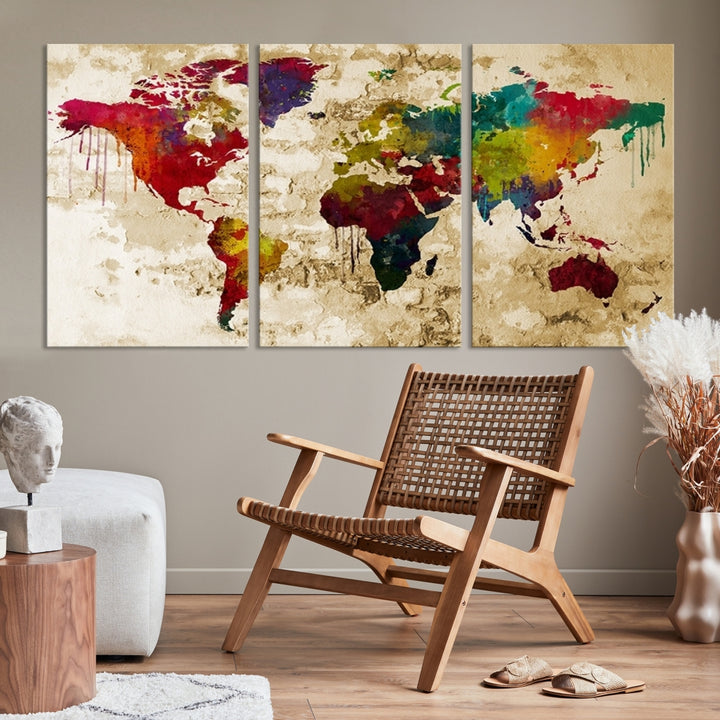 Wall Art World Map Canvas Print Rainbow Colored Vintage Style World Map