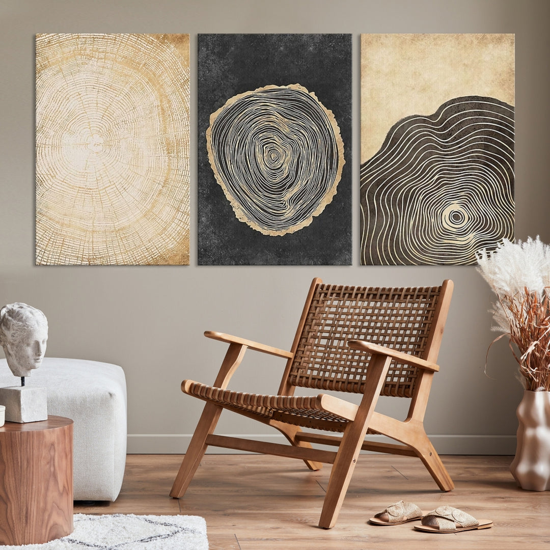 Impresión de lienzo de madera Arte de la pared Anillos de árboles de madera Ilustraciones abstractas Arte enmarcado moderno minimalista Decoración boho