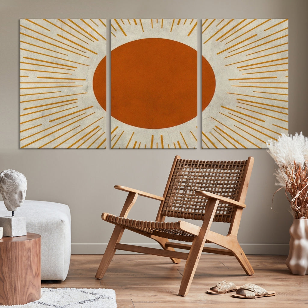 SIGNWIN 3 Piece Framed Canvas Wall Art Sun With Rays Prints Mid Century  Modern Home Artwork Neutral Boho Decor for Bedroom 