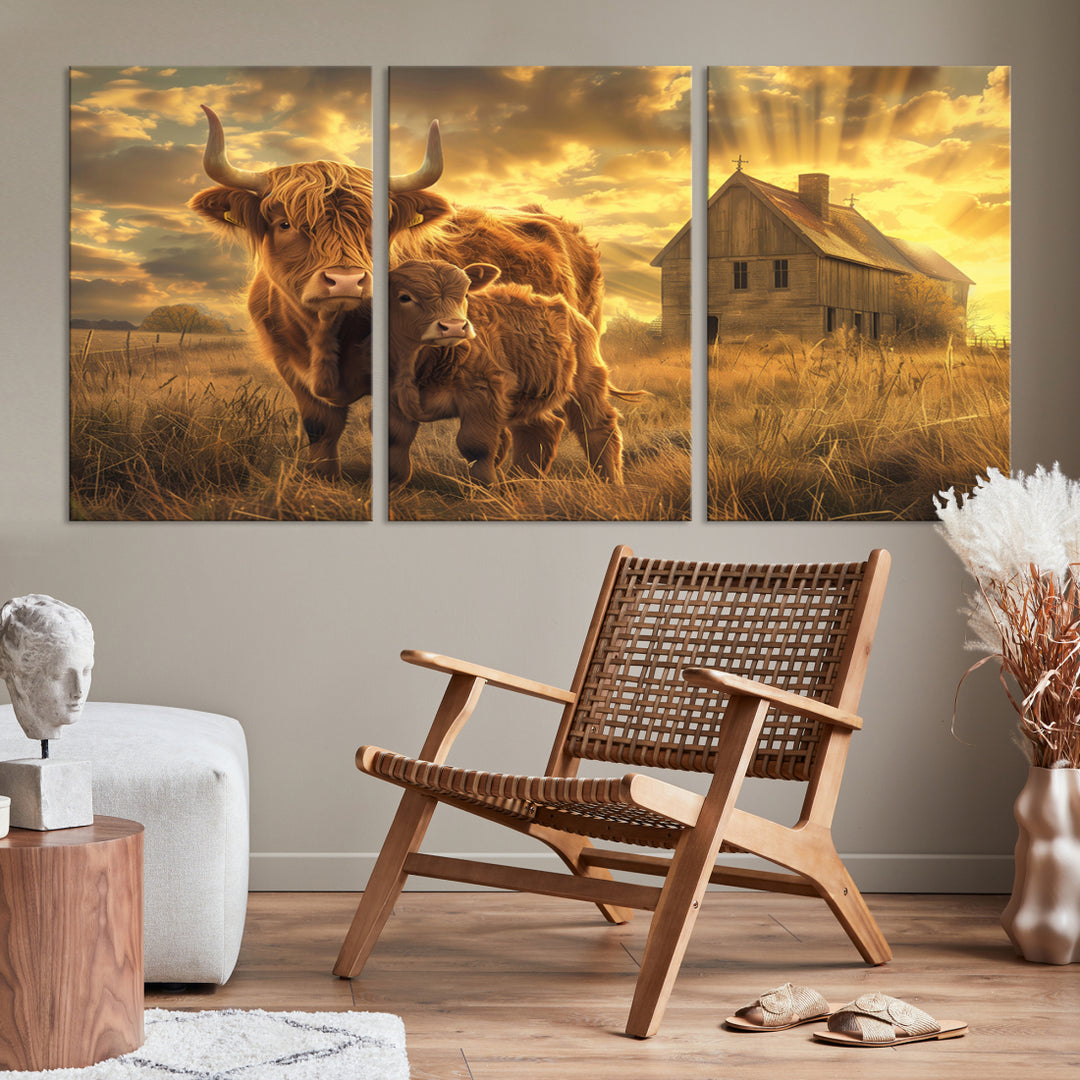 Barn and Highland Cow Canvas Wall Art Animal Print