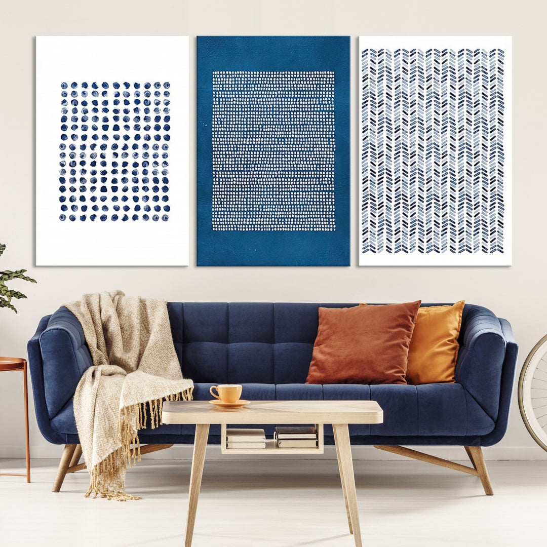 Ensemble d’art mural imprimé sur toile, collage de points géométriques bleu marine et blanc, illustration abstraite