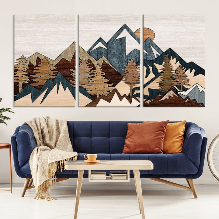 Wood Panel Effect Mountain Range Top Wall Art Print Art Rustic