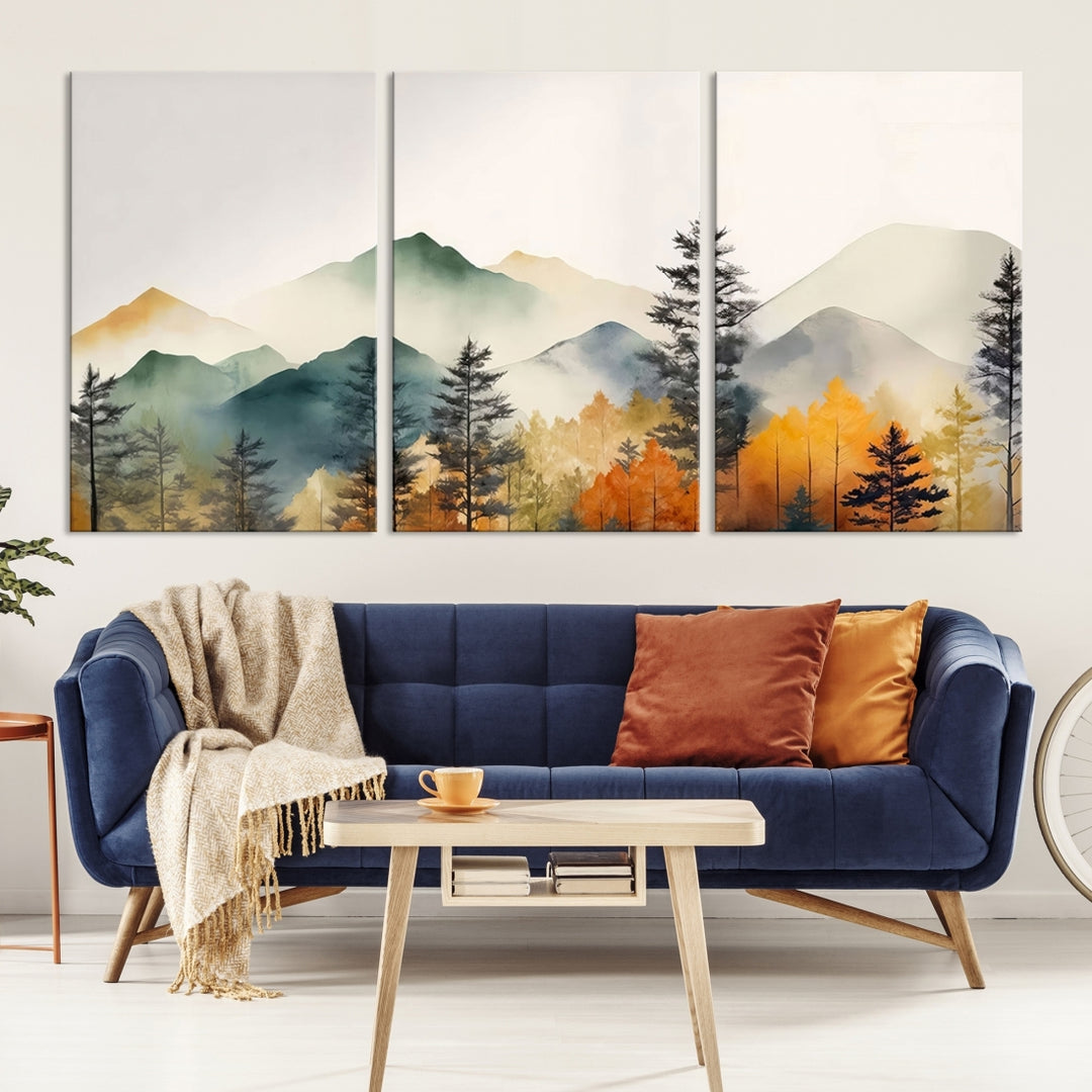 Abstract Watercolor Mountains and Trees Autumn Wall Art