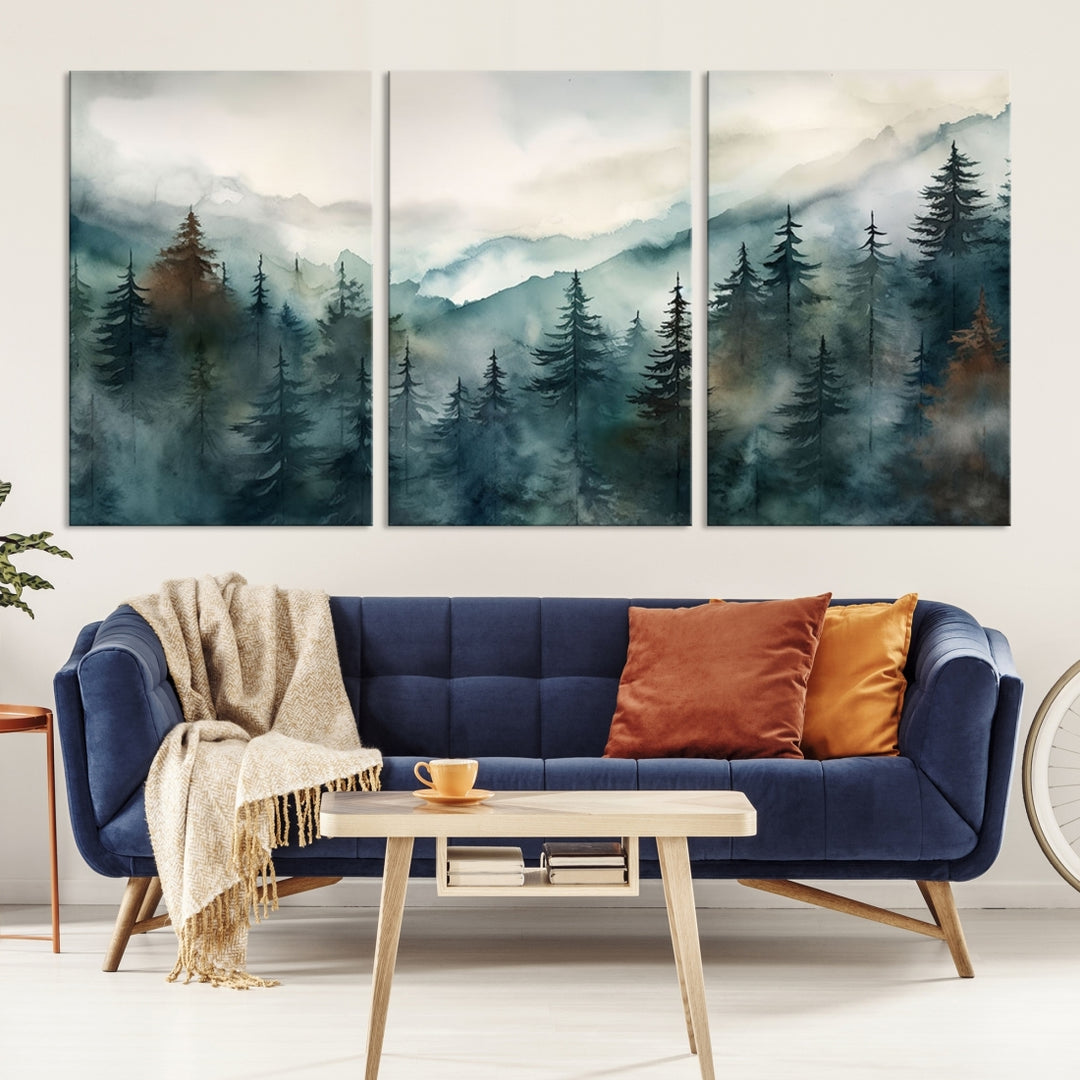Abstract Watercolor Pine Forest Mountain Wall Art Canvas Print