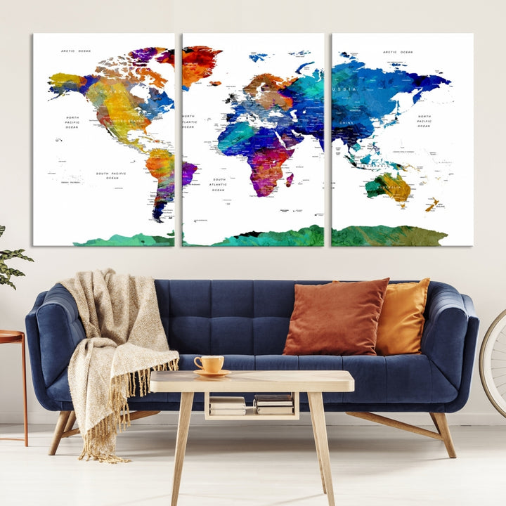 Bold Color Blue World Map Wall Art Canvas Print